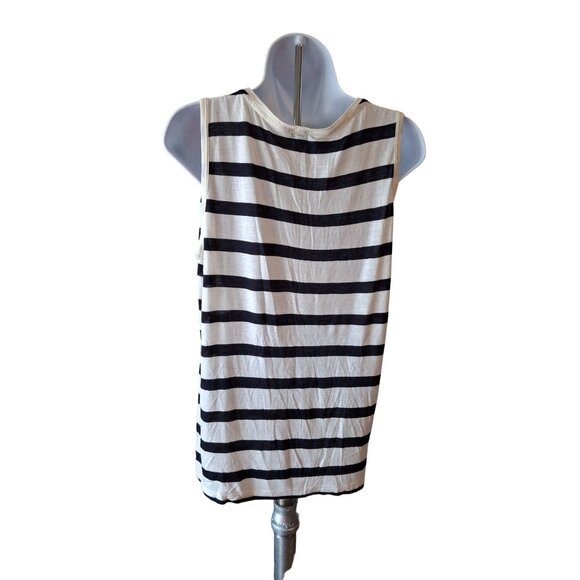 Popora Top S Blue White Striped Sleeveless Lace Applique Neckline Normcore - Picture 2 of 9